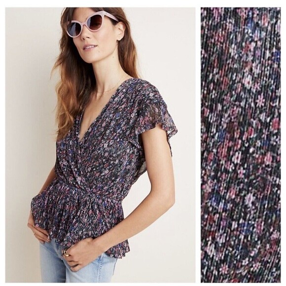 Anthropologie Dionne Metallic Floral size Small black  v-neck - Picture 1 of 9